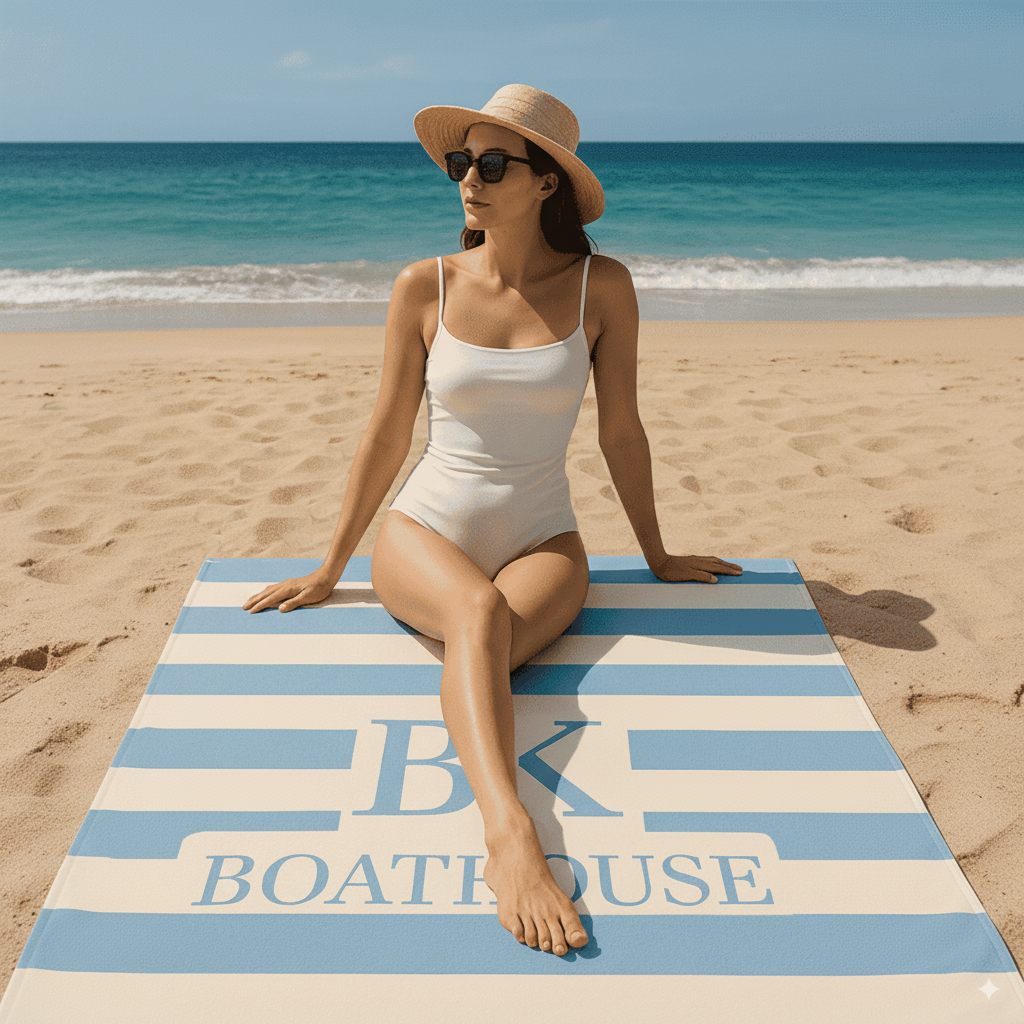 Woman sitting on a striped beach towel with 'BK Boathouse' branding at the beach.
