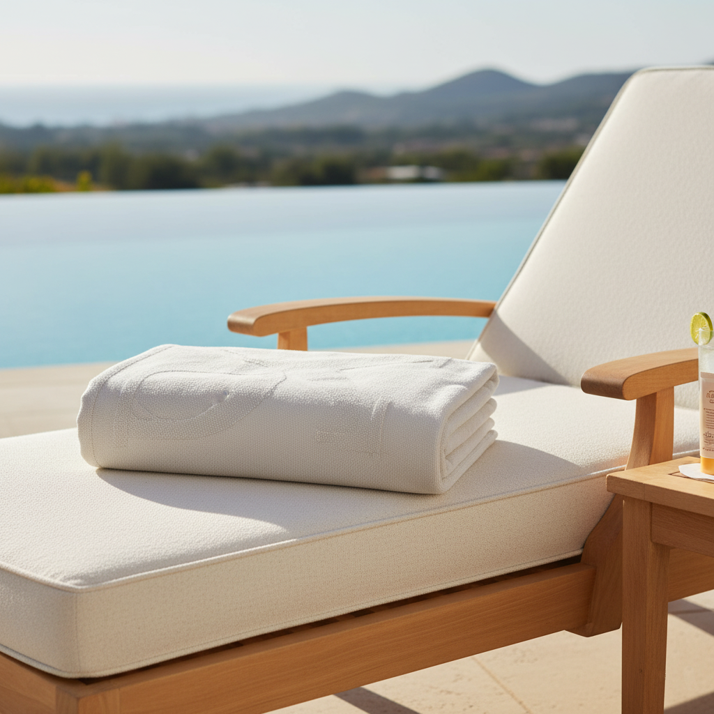 Wooden lounge chair with white cushions and a towel, set against a scenic backdrop of water and mountains.