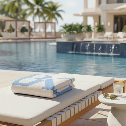 Poolside lounge chair with towels and sunglasses next to a pool